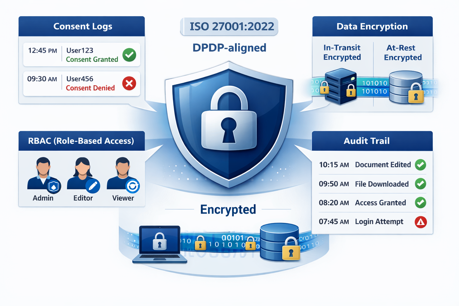 Security concept animation showing consent log, encryption, and audit trail